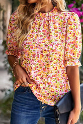 Boho-Bluse mit Rüschen und Stehkragen, gelb
